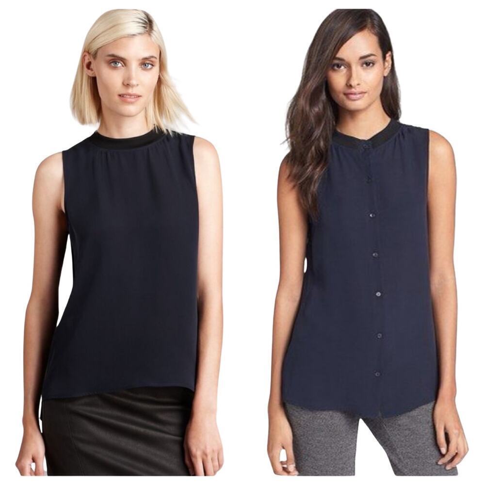 Theory Blouse Klimora Silk Top Button Crew Neck Sleevless Navy Blue Black S